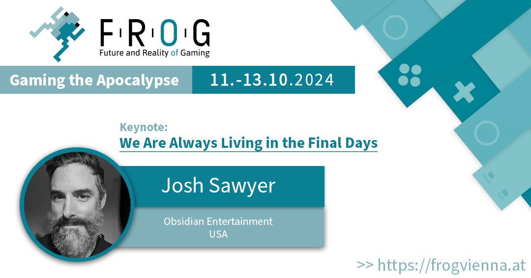 Big News! We’re thrilled to announce that <a href="/jesawyer/">Josh Sawyer</a>, Studio Design Director at <a href="/Obsidian/">Obsidian</a> and director of  #Fallout: New Vegas, Pillars of Eternity and Pentiment, will be will be delivering a keynote at #FROG2024 in Vienna, 11.-13.10.2024 🤩

Register here: frogvienna.at/registration-2…
