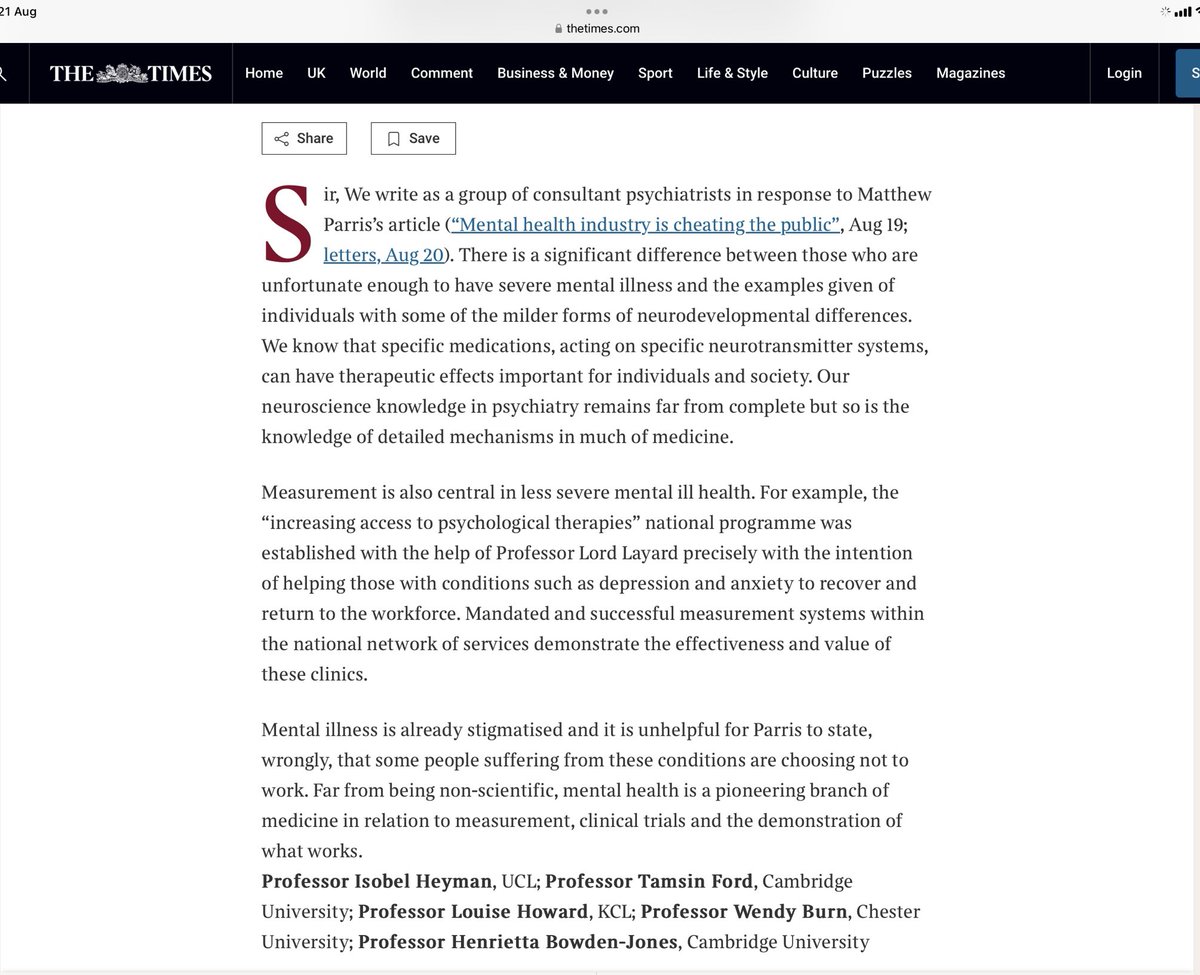 Henrietta Bowden-Jones (@hbowdenjonesobe) on Twitter photo Our letter in <a href="/thetimes/">The Times and The Sunday Times</a> today highlighting the importance of evidence base in psychiatry when treating mental illness
Glad to see <a href="/mirandarwolpert/">Prof Miranda Wolpert</a> also responded.
<a href="/Tamsin_J_Ford/">Professor Tamsin Ford 💙</a> <a href="/wendyburn/">Wendy Burn CBE (She/her)</a> Our letter in <a href="/thetimes/">The Times and The Sunday Times</a> today highlighting the importance of evidence base in psychiatry when treating mental illness
Glad to see <a href="/mirandarwolpert/">Prof Miranda Wolpert</a> also responded.
<a href="/Tamsin_J_Ford/">Professor Tamsin Ford 💙</a> <a href="/wendyburn/">Wendy Burn CBE (She/her)</a>