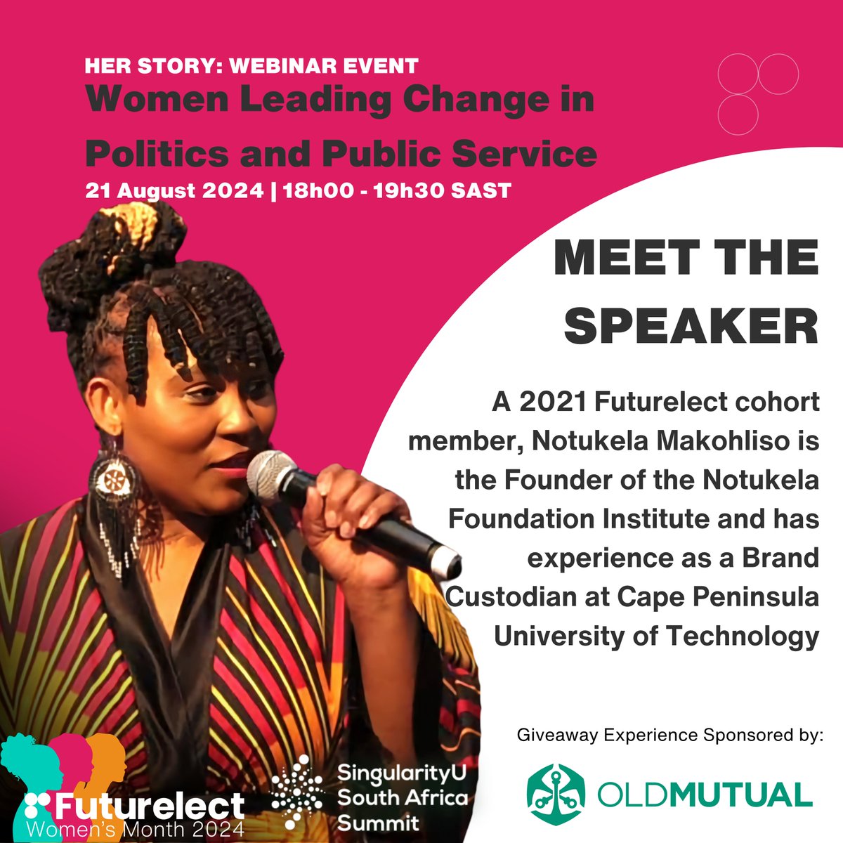 futurelectorg's tweet photo. Tonight is the night! Join us for the Women’s Month Webinar: Her Story: Women Leading Change in Politics and Public Service. 

Don't miss the chance to hear from inspiring leaders like Nobuntu Hlazo-Webster, Nonkululeko Hlongwane-Mhlongo, and Notukela Makohliso. 

RSVP here: https://t.co/jeDF7XwhCn 

#Leadership #WomenEmpowerment #Futurelect #Webinar @NobuntuSA @NonkululekoHM @Notukela_M