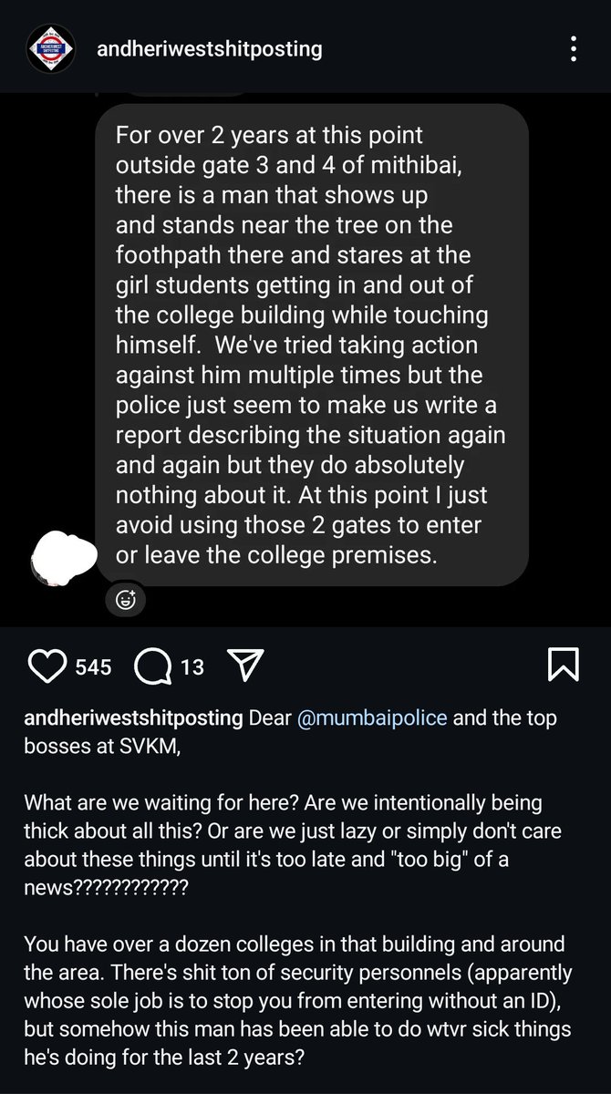 mashrujeet's tweet photo. Reading about alleged cases of sexual harrasment shared by girls / women outside Mumbai's  NMIMS/ SVKM's colleges and Vile Parle station east area on Instagram. 

People have shared specific incidents of allegedly being harassed outside their college gate, outside Vile Parle station east and a few more places.

@MumbaiPolice, investigate and do a better job. Where is the Nirbhaya Squad? 

Link: 
https://t.co/zS33S310Rc