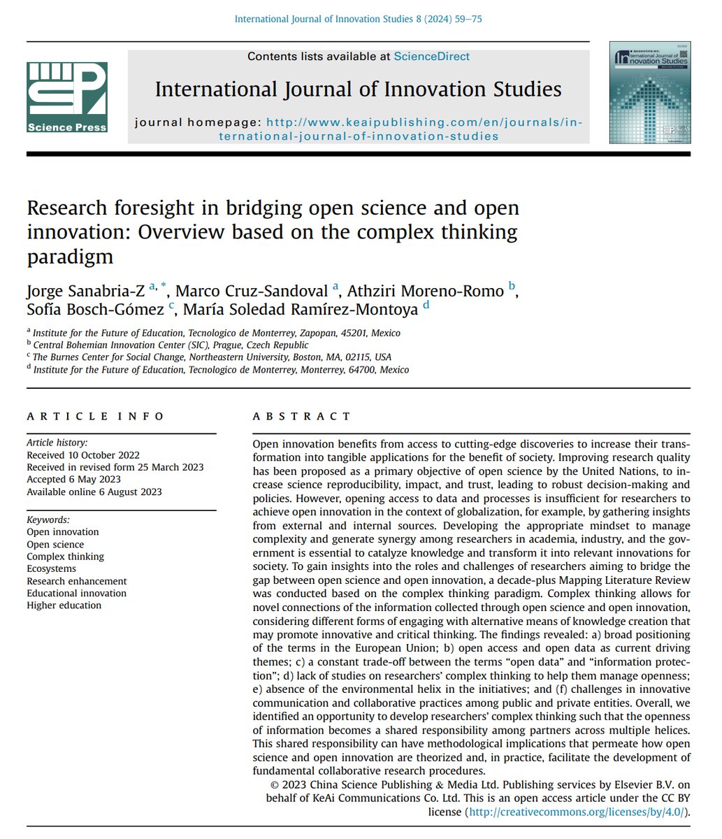 📰#NewArticle in 2024  

"Research foresight in bridging open science and open innovation: Overview based on the complex thinking paradigm"  

#openscience #innovation #ecosystem #education

Read more: sciencedirect.com/science/articl…