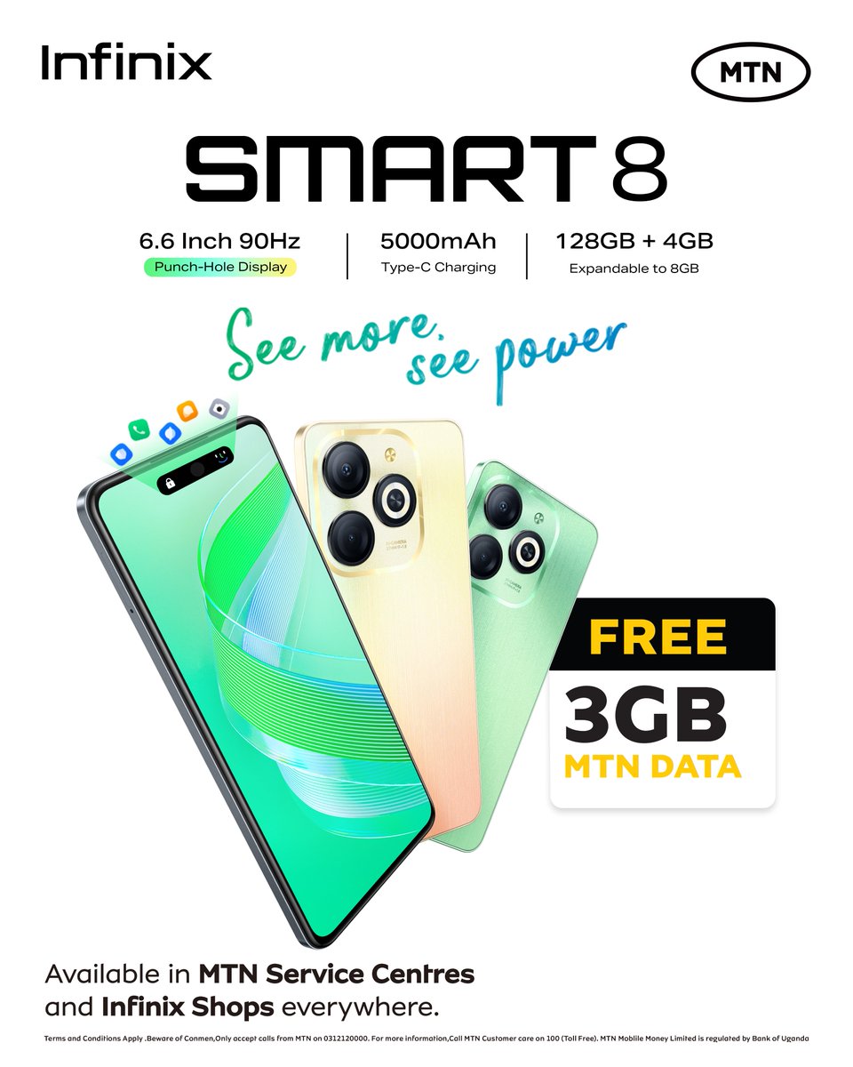 infinixuganda's tweet photo. Get connected instantly with 3GB of FREE @mtnug data when you purchase the Infinix SMART 8! Stay online longer, stream faster, and do more on the go! You can also get it on installment with @Take_Now_Ug .
#Smart8 https://t.co/PMGSMpFuLH