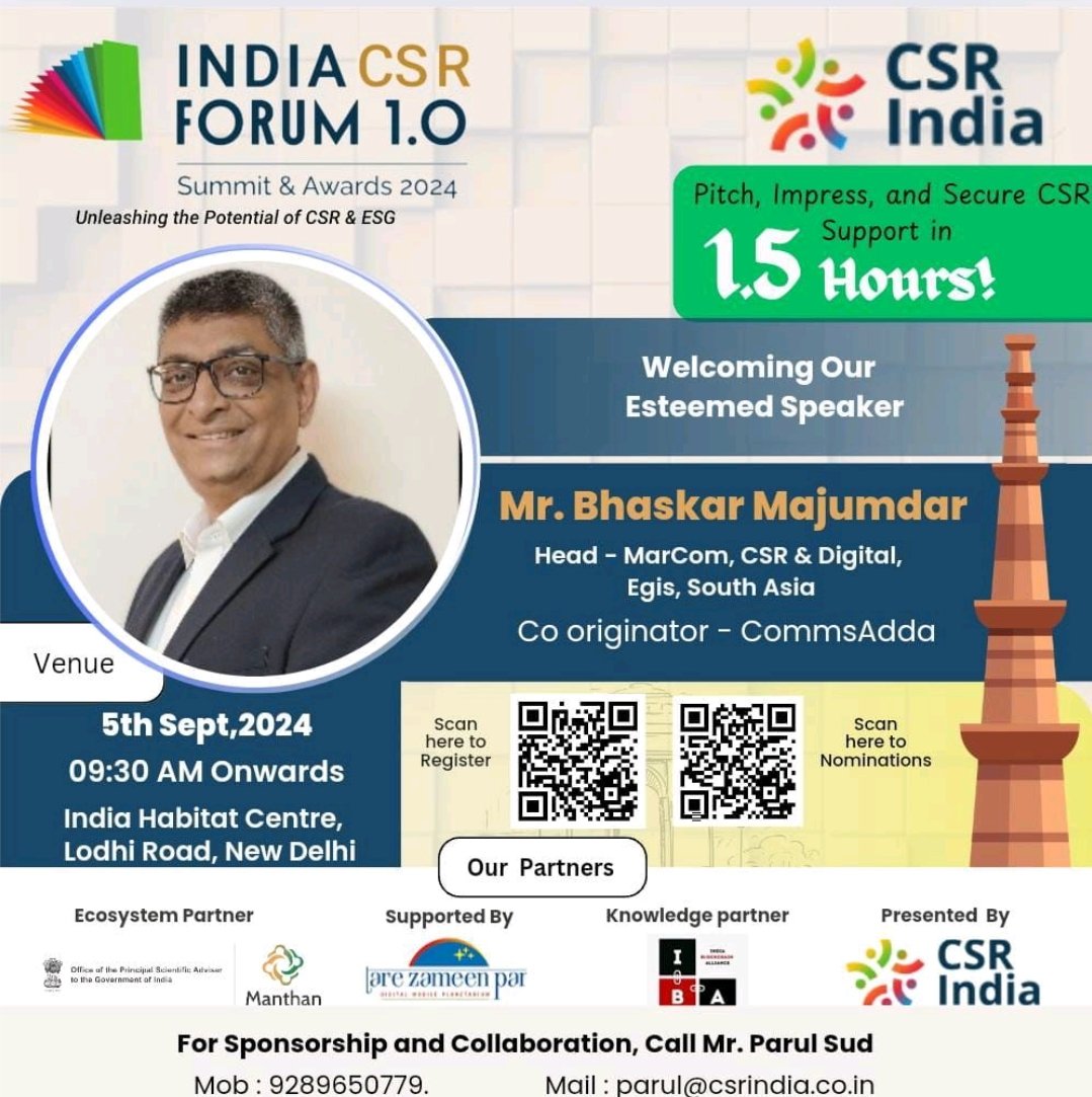 Probasibangali's tweet photo. Looking forward to the India CSR Forum 1.0 hosted by CSR INDIA!
A big thank you to Mr. Parul Sud for making this event possible.
#CSR #ESG #Sustainability #CSRIndia #CSRForum https://t.co/lHt8tDIgI8