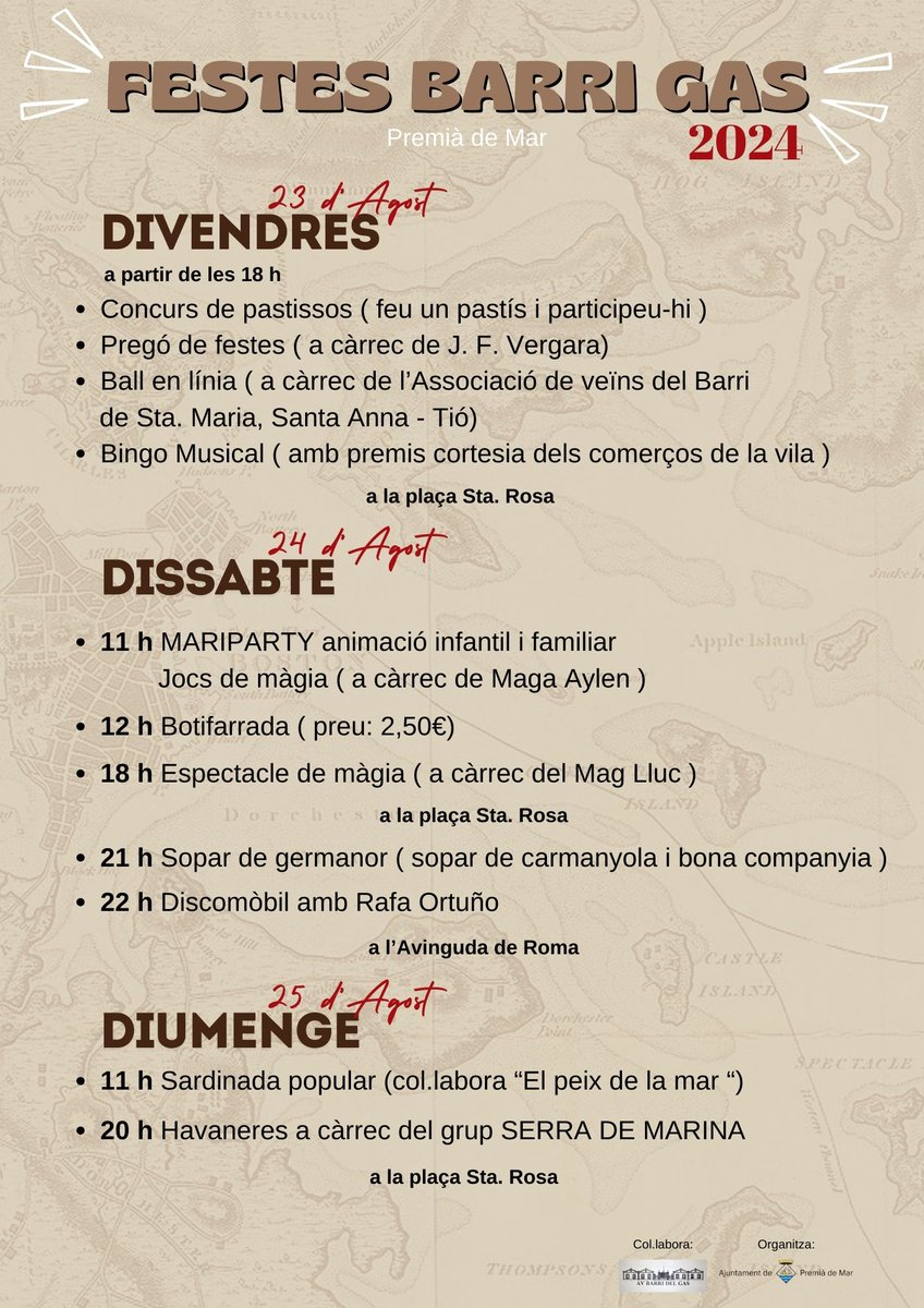 ajpremiademar's tweet photo. 🥳Estem en la setmana de les festes del barri del Gas
📅A partir de demà passat divendres, dia 23, i fins al diumenge, 25 d'agost.
ℹConsulteu el programa al cartell de la imatge. #PremiàDeMar #Maresme #FestesPdM https://t.co/h489sT9u4D