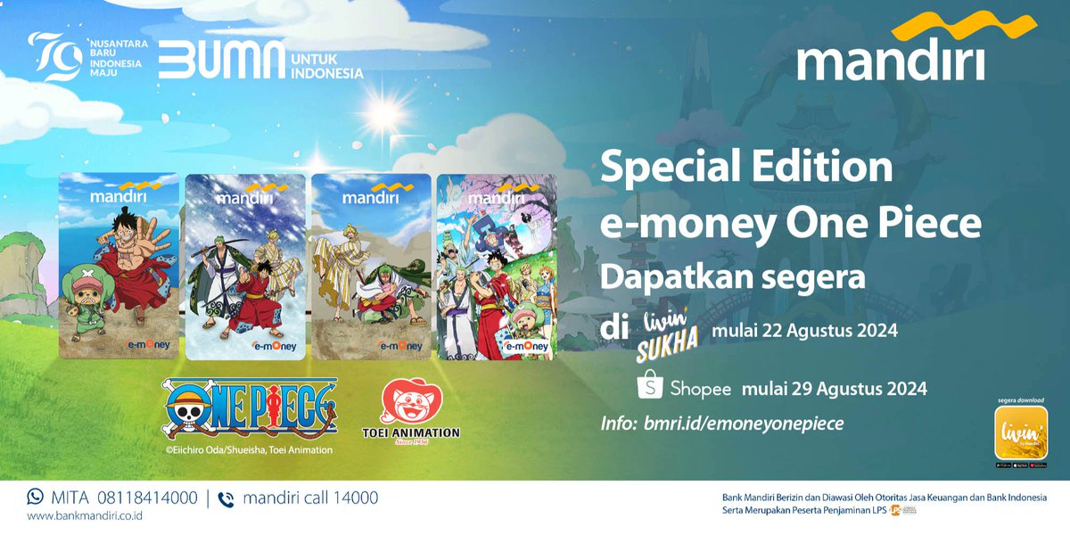 RacunBelanja's tweet photo. Mandiri e-Money edisi One Piece Kimono Wanokuni
📌 Harga Rp35.000 tanpa saldo

🗓️ 22 Agustus 2024
Livin’ Sukha

🗓️ 29 Agustus 2024
Mandiri e-store di Shopee, Tokopedia &amp; Blibli https://t.co/rn12hjIaMx