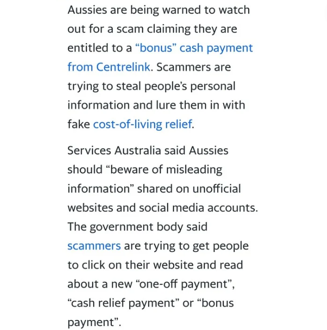 AntiPovertyN_SA's tweet image. Unless there's something @AustralianLabor hasn't announced 🦗🦗🦗

...we know any email telling us people living in poverty are getting a bonus payment has got to be a #Centrelink #scam    

For info on spotting scams, information here:
cyber.gov.au/protect-yourse… 

#scamalert
