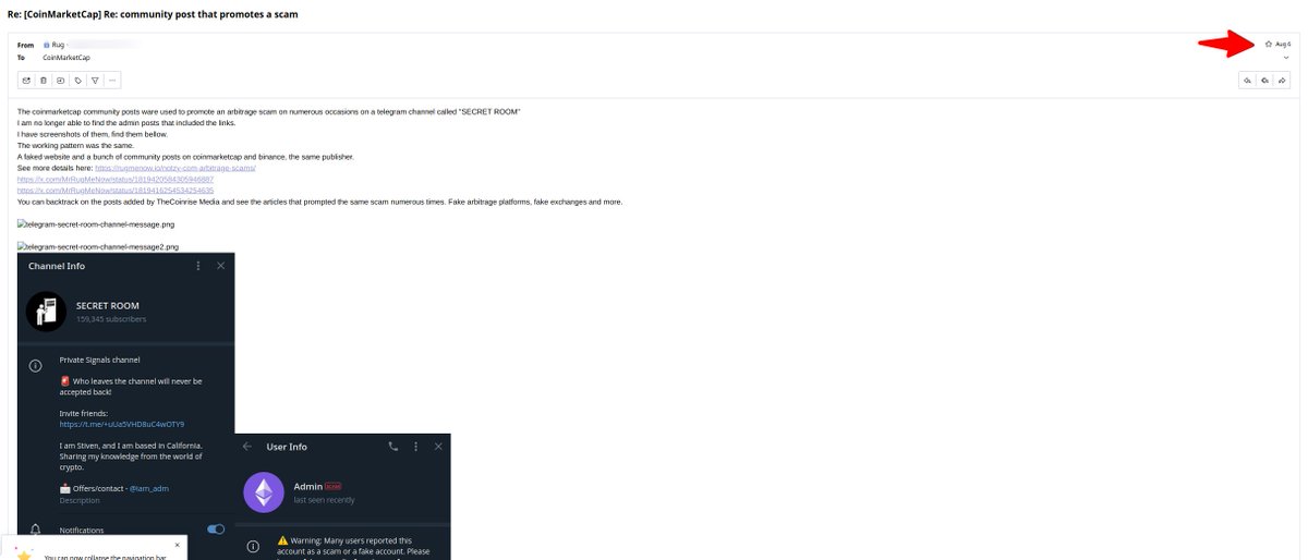 It seems that CoinMarketCap is indifferent to the activity in their community section. After multiple email exchanges regarding the scams promoted by TheCoinrise Media (coinmarketcap.com/community/prof…) through community posts, they chose not to take any action.

I provided them with