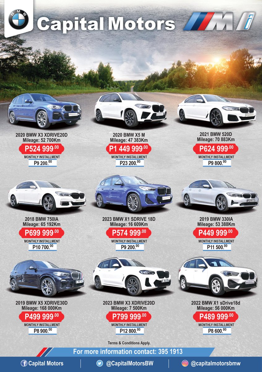 CapitalMotorsBW's tweet photo. Get ready to make your BMW dream a reality with these finance options designed to put you behind the wheel of Sheer Driving Pleasure.

Terms &amp; Conditions Apply. Valid while stocks last.

#sheerdrivingpleasure
#CapitalMotors https://t.co/SXMNuNaNYl
