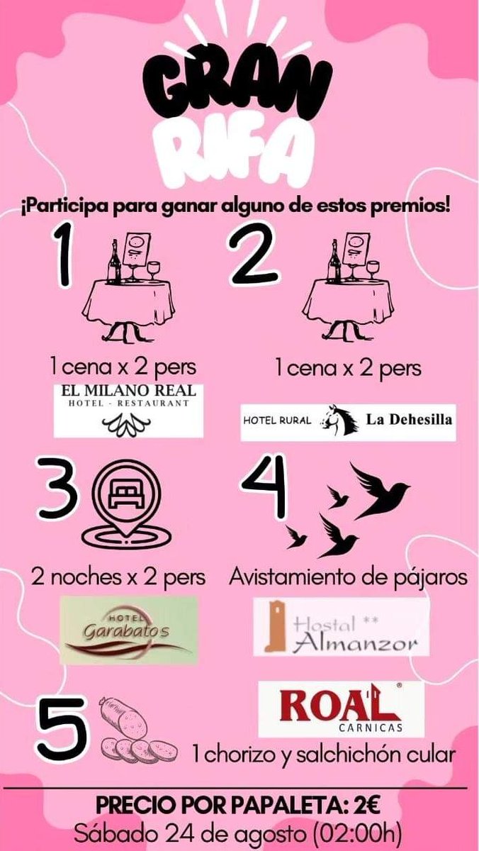 NavadijosCity's tweet photo. El sábado 24 por la noche se sacarán CINCO NÚMEROS correspondientes cada uno a LOS CINCO PREMIAZOS que la @Asoc_ElPiornal ha preparado para la gran rifa de este año. Por sólo 2 euros puedes conseguir auténticos premiazos... ¡Participa! https://t.co/RjOaRAts4k