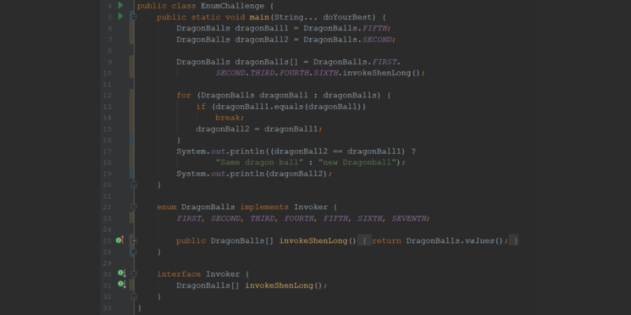 RafaDelNero's tweet photo. The first thing to observe is the implementation of the interface Invoker on the Enum. Test your knowledge in this #JavaChallenge about Enums in Java. 🤓 Will it compile or crash?
🔗 https://t.co/Cz5shwJ25k
#EnumChallenge #Java #Code https://t.co/srPxgXNrNd