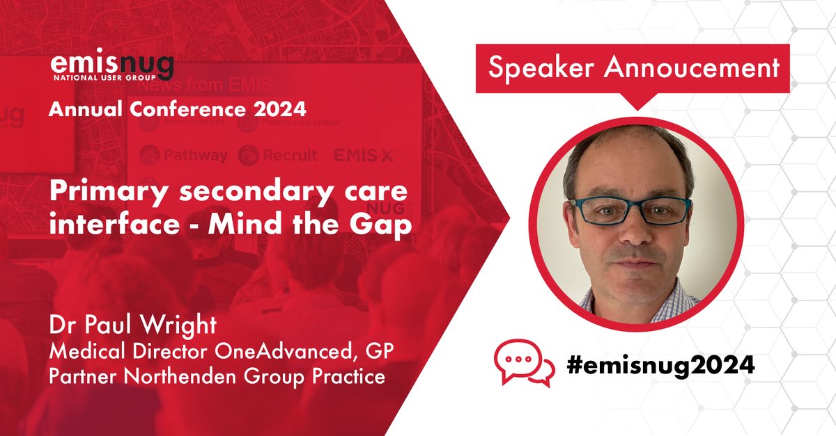 SPEAKER ANNOUNCEMENT 📢

We're are excited to welcome Dr Paul Wright to the stage at the EMIS Nug Conference. 

He will be talking about "Primary Secondary Care Interface - Mind the Gap"

To see the full agenda visit: …nug-conference2024.eventreference.com

#GP #Healthcare #EMISNUG2024