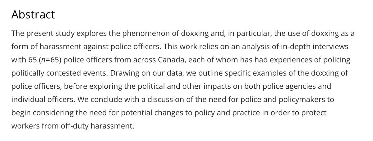 New paper by @DrLauraHuey <a href="/DrLornaFerguson/">Dr. Lorna Ferguson</a> on how protesters have doxxed police officers in 🇨🇦, i.e. released officers’ personal information online to harass them. A danger police leaders should make themselves aware of.

Details: doi.org/10.1177/001112…