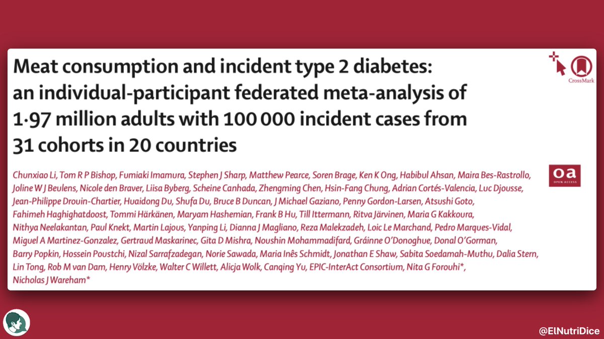 ElNutriDice's tweet photo. 📢OJO: se ha publicado el metaanálisis más grande a la fecha en relación con el consumo de carnes rojas, carnes rojas procesadas y aves y el riesgo de diabetes tipo 2🏥.

Los resultados publicados en la prestigiosa revista Lancet apoyan la recomendación de reducir su consumo😱🧵.