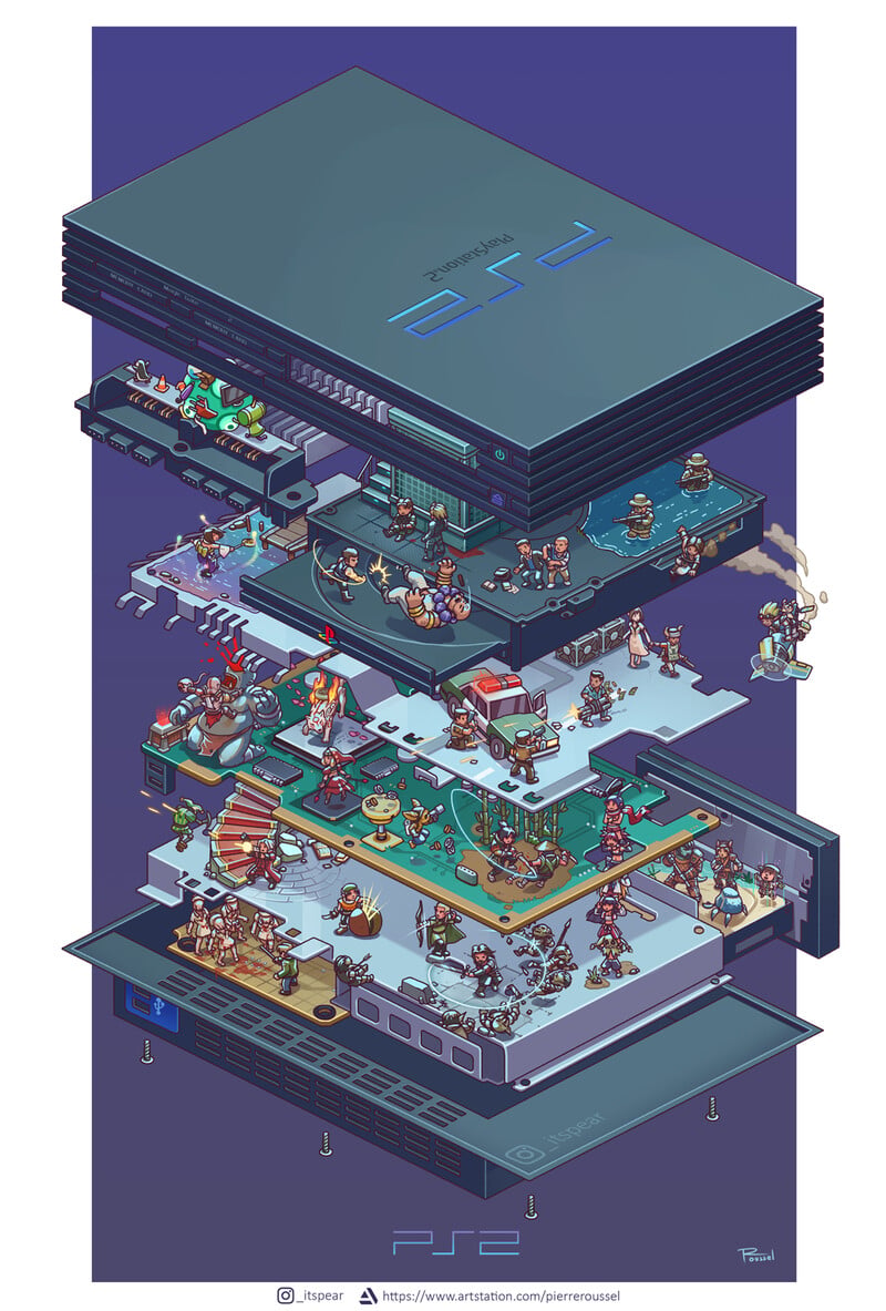 16bitnostalgia's tweet photo. This PlayStation 2 artwork by Pierre Roussel is a masterpiece. 

Can you name every game in the pic? https://t.co/UD4wjGeHTp