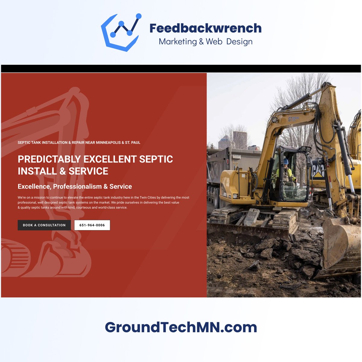 Feedbackwrench's tweet photo. Check out this website, design, marketing & SEO for Ground Tech MN - https://t.co/xVhRbn1uuz #excavationcontractor #sewerrepair and #septicrepair If you need a website, or you're looking to dominate your industry and region, book a consultation with #Feedbackwrench! #construction https://t.co/BWAtOlpyPU