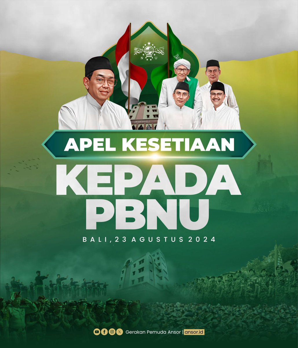 Official_Ansor's tweet photo. Bali akan menyaksikan puluhan juta kader-kadernya berikrar setia kepada para alim, kiai dan Pengurus Besar Nahdlatul Ulama. 

Ansor Banser adalah pengawalnya, menjadi ototnya, barisan solid satu komando, tidak akan pernah mundur selangkah pun mengawal kebijakan dan arahannya. 

Kita tunjukkan, kita buktikan! 
SIAPA KITA?!