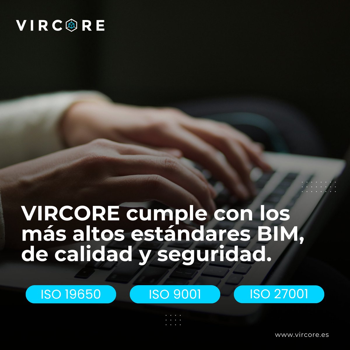🔒 Confía en la calidad y seguridad de #VIRCORE

Nuestro software no solo es innovador, sino que también está diseñado y desarrollado bajo los más altos estándares #BIM y de #calidad, en cumplimiento de las normas #ISO19650, #ISO9001 y #ISO27001
Gestiona tus proyectos con VIRCORE