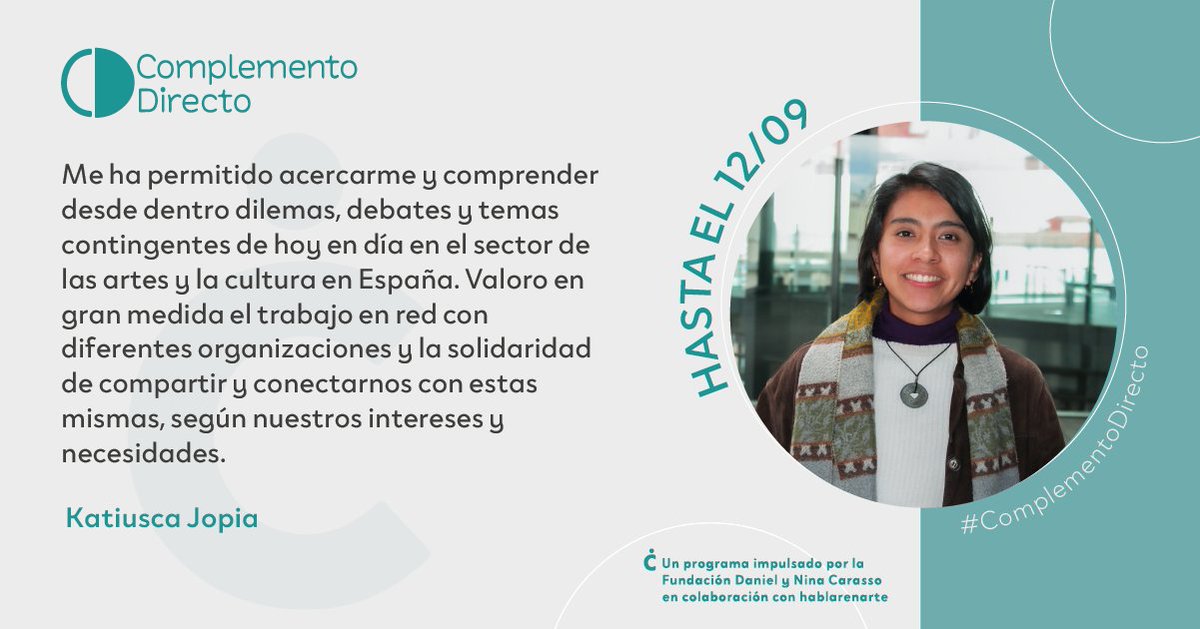 fdnc_es's tweet photo. 📢 La cuarta edición de #ComplementoDirecto aporta recursos con el fin de preparar a la nueva generación de mediadores culturales para abordar los retos y oportunidades de nuestra sociedad.

📆Hasta el 12 de sep.
➡️14 becas de 2.200€
🔗https://t.co/6Q2b5jsDgl https://t.co/jaNK1Y3j8Z