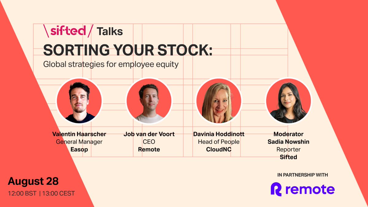 Siftedeu's tweet image. Join us, on August 28th, for our next Sifted Talks where we’ll be looking at employee shares in a cross-border world.

RSVP 👉 sifted.eu/talks/sorting-…

#remote #shares #siftedtalks #startups