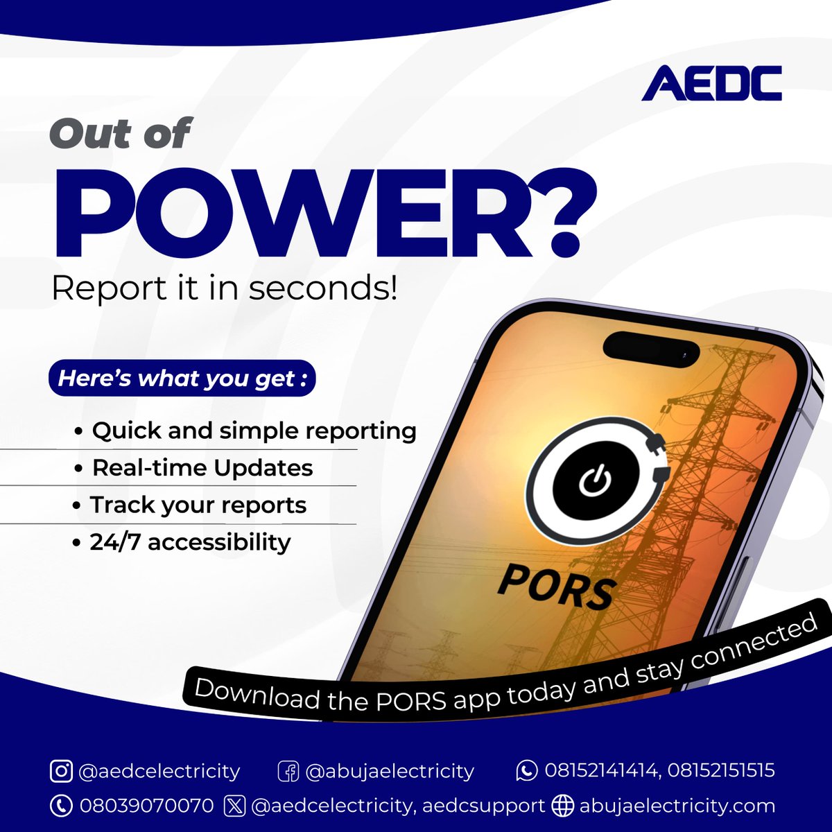 aedcelectricity's tweet photo. The power to report is in your hands! 📱💡
#EasyReporting
#PowerOutageApp
#PowerofCommitment https://t.co/6xGngzMzQq