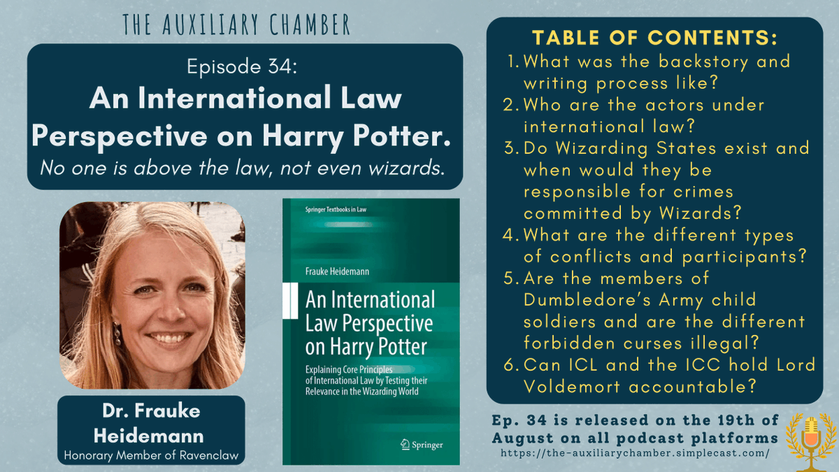 The Auxiliary Chamber (@theauxiliarych1) on Twitter photo 🎙️International Law and Harry Potter🎙️
The Podcast is thrilled to present: An International Law Perspective on Harry Potter, No one is above the law, not even wizards!
Brilliant Dr. <a href="/FraukeHeidemann/">Frauke Heidemann</a> shares with us her new book from <a href="/SpringerLaw/">SpringerLaw</a>!
Out now:the-auxiliary-chamber.simplecast.com/episodes/an-in… 🎙️International Law and Harry Potter🎙️
The Podcast is thrilled to present: An International Law Perspective on Harry Potter, No one is above the law, not even wizards!
Brilliant Dr. <a href="/FraukeHeidemann/">Frauke Heidemann</a> shares with us her new book from <a href="/SpringerLaw/">SpringerLaw</a>!
Out now:the-auxiliary-chamber.simplecast.com/episodes/an-in…