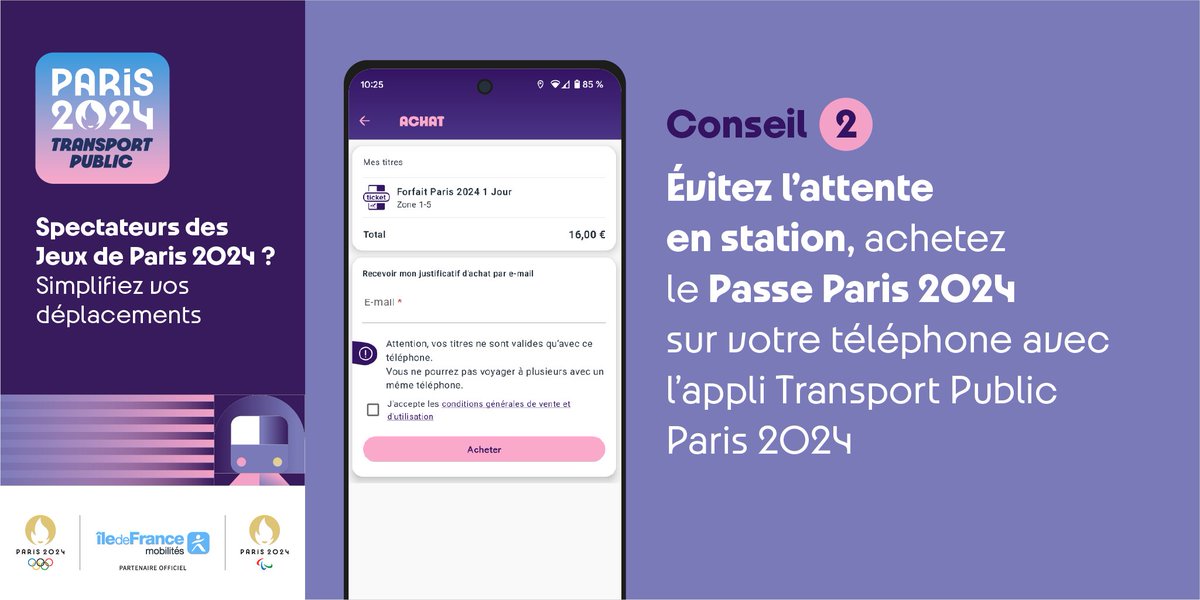 IDFmobilites's tweet photo. 📅 J-7 🤩 Les Jeux Paralympiques de @Paris2024 débutent dans 7 jours 🎉 

Pour être bien préparé : 
➡ Téléchargez dès maintenant l'app Transport Public Paris 2024 
➡ Anticipez vos déplacements aller/retour 
➡ Achetez votre Passe Paris 2024 

Vous profiterez des meilleurs itinéraires en fonction de votre profil voyageur et éviterez les files d’attente. 

Vous êtes en situation de handicap ? 
👉 Réservez dès aujourd'hui votre navette accessible pour vous rendre depuis une gare parisienne aux sites de compétition : https://t.co/nHDZR0ti9Y

En savoir + 👉 https://t.co/eMPBqsgk3D