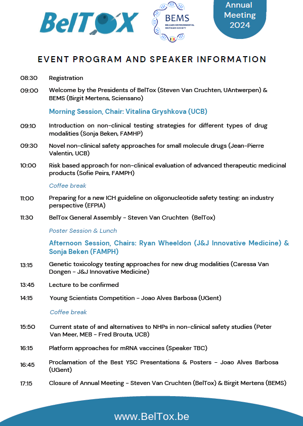 MiekeVanMulders's tweet photo. Happy to announce that this year's annual BelTox meeting will be co-organized with the #Belgian #Environmental #Mutagen #Society (BEMS)!
⏲ 5th of December
📍 Faculty of Bioscience Engineering at Ghent University
Register here: https://t.co/MXcUg3RIaT https://t.co/2Vi1Dr45x7