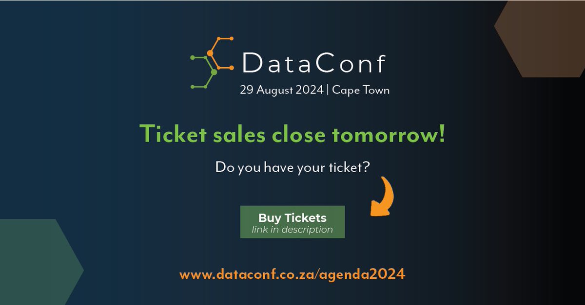 ⏳ Last chance to get your tickets! Ticket sales close tomorrow.. don't miss out on your chance to come learn from data industry practitioners and network with others in the data community

🎟 Tickets: quicket.co.za/events/252855-…
🗓 Agenda: dataconf.co.za/agenda2024

#DataConfZA