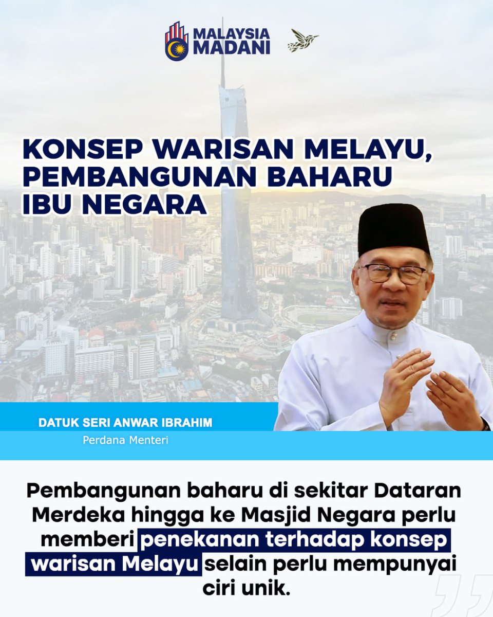 Konsep warisan melayu, pembangunan baharu ibu negara...
<a href="/MalaysiaMadani/">Malaysia MADANI</a> <a href="/DemiRakyatCH/">Demi Rakyat Channel</a> <a href="/anwaribrahim/">Anwar Ibrahim</a>