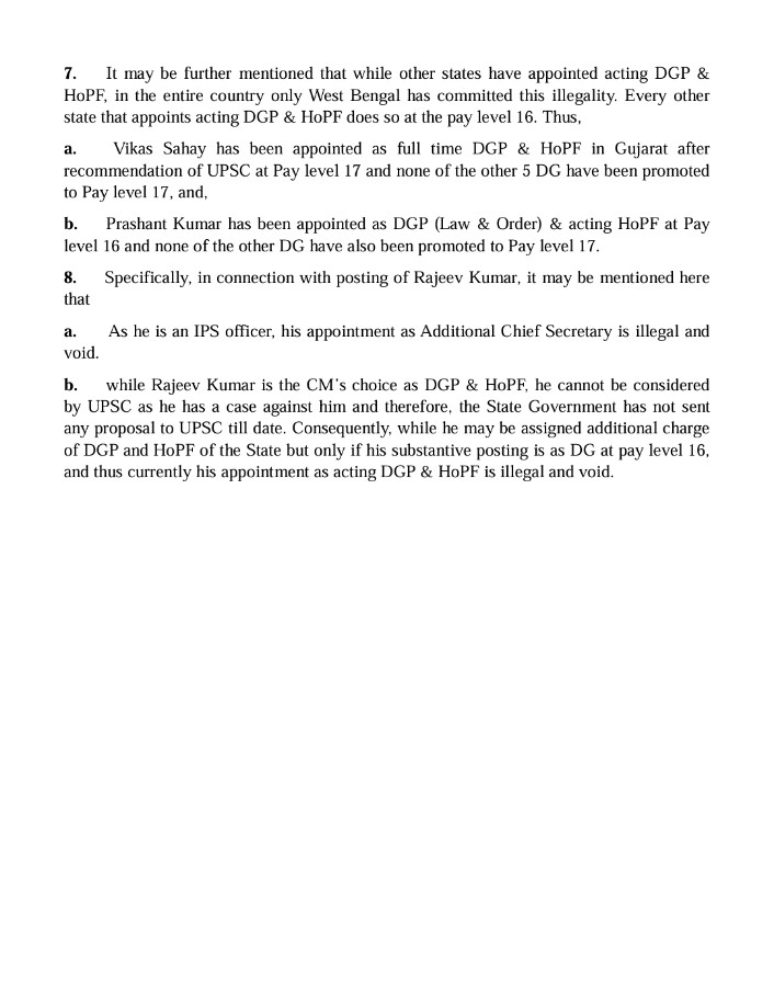 SuvenduWB's tweet photo. While the primary reason for the abysmal Law and Order situation in West Bengal is the criminal incompetence of the Chief Minister as well as the Home Minister, another important reason is that West Bengal neither has a legally appointed Home Secretary nor DGP & Head of Police Force in the state or for that matter any other legally appointed DG.

This is because the post of Home Secretary in West Bengal is an Additional Chief Secretary post, which has been deliberately kept vacant and Smt. Nandini Chakravorty has been illegally assigned the duties of Home Secretary, in addition to the Tourism Department, although she is only a Principal Secretary.

Regarding the post of DGP, the substantive posting of Shri Rajeev Kumar is Additional Chief Secretary; IT Department, so he is answerable to IT Minister Babul Supriyo and not the Home Minister Mamta Banerjee, because he is acting DGP in addition to his normal duties. Furthermore, even this appointment as ACS; IT Department is illegal, as no IPS officer can be appointed as Additional Chief Secretary - only IAS officers can be appointed to the 14 posts of ACS and they are all filled up – leaving him without a substantive posting resulting in his appointment as acting DGP also becoming illegal and thus void.

Furthermore, with West Bengal being the only state in the country that has illegally promoted 10 DGs to Pay level 17 there is effectively no DG level officer in office today. All other states have either one or none in that pay level.

So, we are faced with a spectre of a rudderless state with an illegally appointed Home Secretary, and an illegally appointed Additional Chief Secretary who has been made acting DG of Police in contempt of orders of the Hon’ble Supreme Court (Prakash Singh vs. GoI). Nine other police officers have also been illegally promoted again in contempt of the order of the Hon’ble Supreme Court and in gross violation of the IPS Service Rules and Regulations.
Thus, the Law & Order apparatus in the state is being handled by a set of interlopers handpicked by Her Majesty.
No wonder the victims of excesses perpetrated by the TMC goons feel orphaned and totally helpless.

@BengalGovernor 
@BhallaAjay26
#Secretary @DoPTGoI
#Cabinet Secretary Shri Rajiv Gauba
@CSSforum_