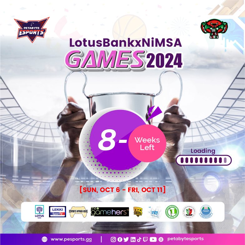 pesportsGG's tweet photo. 8 weeks till the Lotus Bank x NiMSA Games Esports Open Championship 2024 🎮
Are you excited?
#esports #esportsteam #esportsnews #gaming #gaming #gamingcommunity #Pesports #videogame #GamingCommunity https://t.co/5xEGk1BUFJ