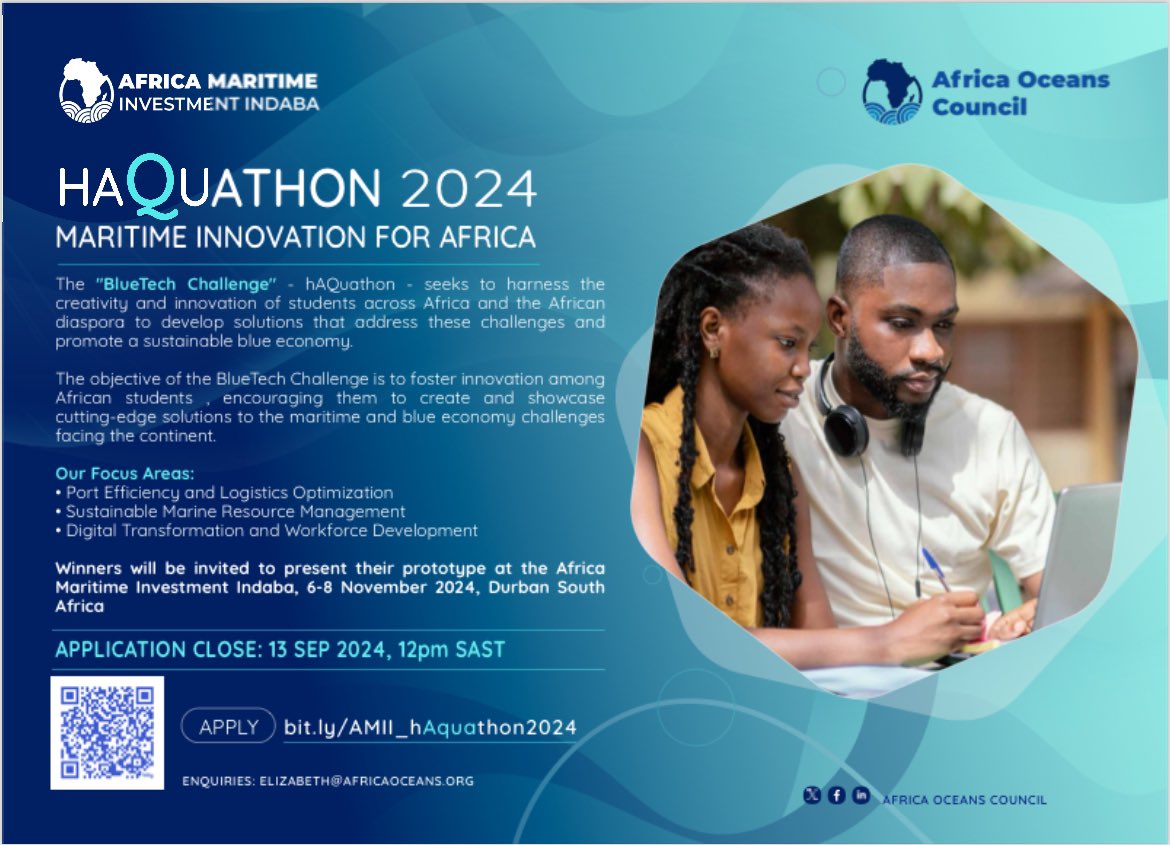 Contact Information
For more information and to register, via this link: bit.ly/AMII_hAquathon…  For any inquiries, please reach out to Elizabeth at elizabeth@africaoceans.org

#AfricaBlueTechChallenge 
#hAquathonAfrica 
#BlueEconomyAfrica 
#MaritimeInnovation