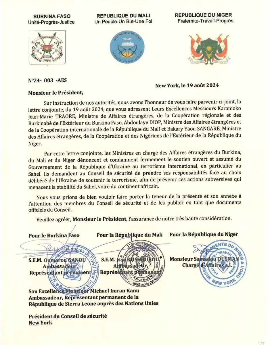 ous_bk's tweet photo. Les ministres des affaires étrangères du #Mali, du #Burkina et du #Niger dénoncent avec "la plus grande fermeté" le soutien présumé de l'#Ukraine aux terroristes du #Sahel... https://t.co/fRAH5SfqIg