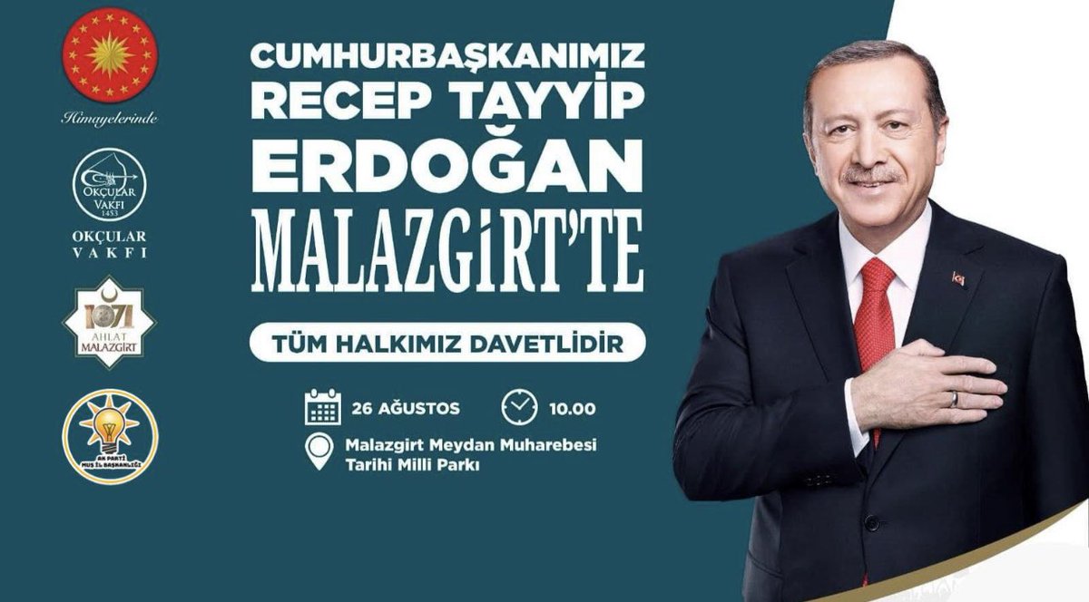 MelikEmre1's tweet photo. *
Cumhurbaşkanımız @RTErdogan’ın katılımıyla gerçekleşecek Malazgirt Zaferi törenlerine bütün halkımız davetlidir.
Hayırlara vesile olsun inşallah. https://t.co/U9dnbq0Pl7