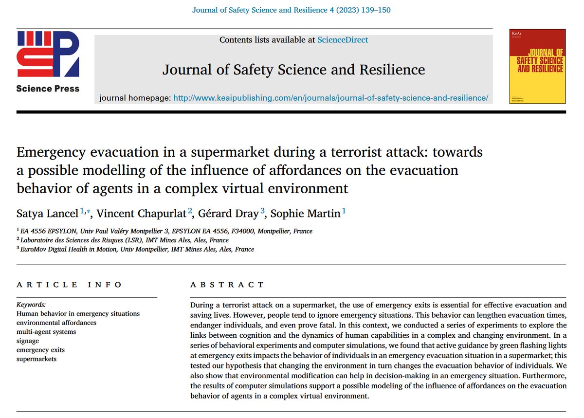 Journal_JSSR's tweet photo. 📰#NewArticle in 2023      

"Emergency  evacuation in a supermarket during a terrorist attack: towards a  possible modelling of the influence of affordances on the evacuation  behavior of agents in a complex virtual environment"  

Read more: https://t.co/joRZh7I7en https://t.co/TjQ37Z29JJ