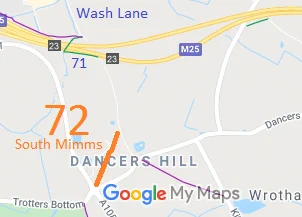 Google maps image of Dancers Hill, South Mimms, Hertfordshire showing the route of South Mimms 72 Footpath in orange and other nearby-by paths.