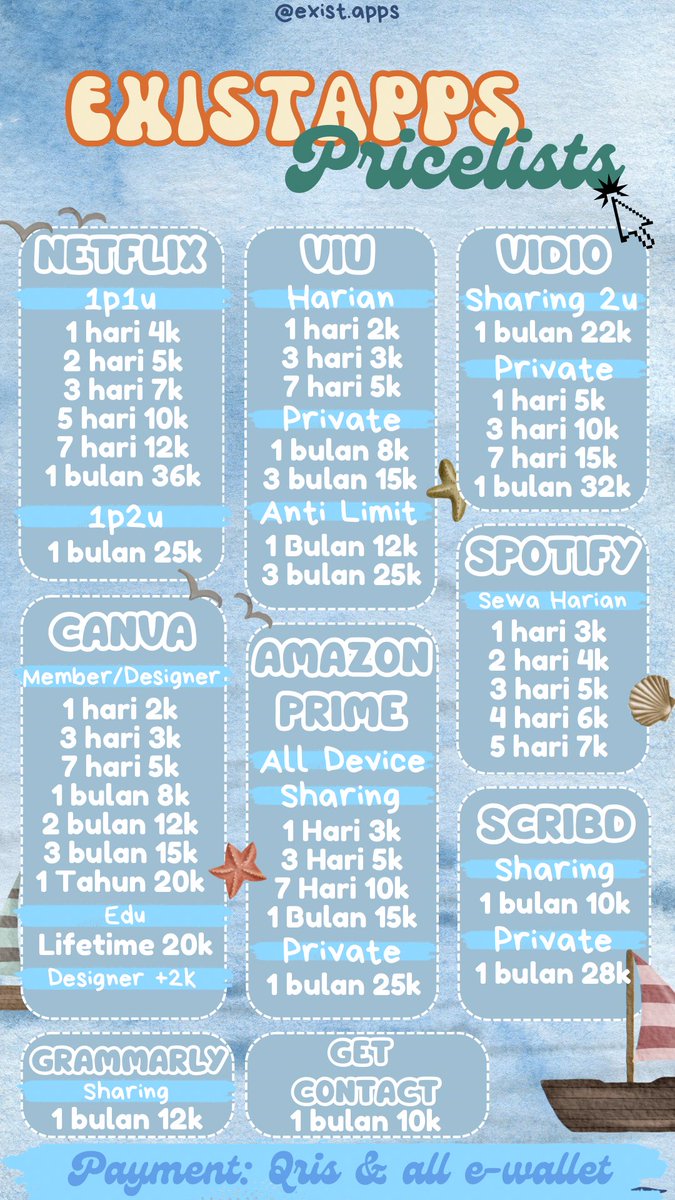 existapps1's tweet image. WTS WTB NETFLIX VIU VIDIO CANVA PRIME VIDEO SPOTIFY SCRIBD GRAMMARLY GET CONTACT WETV HBO GO LOKLOK CAPCUT ALIGHT MOTION IQIYI DAZZCAM WATTPAD QUILLBOT CAM SCANNER

💌 dm or wa.me/6285277923159
🎀 proof padlet.com/maggieexist
#zonauang #Zonajajan