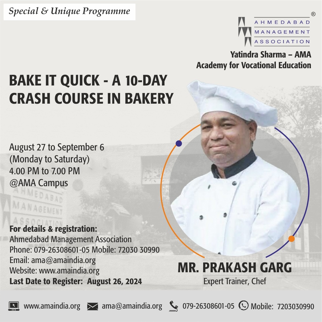 ama_ahmedabad's tweet image. Ready to master baking? Join our 10-day Bake It Quick crash course from August 27 to September 6 with expert Prakash Garg. Elevate your skills in 30 hours! Classes: Monday to Saturday, 4:00 PM to 7:00 PM. 

#ama #bakingcourse #bakingworkshop #learnbaking #ahmedabad