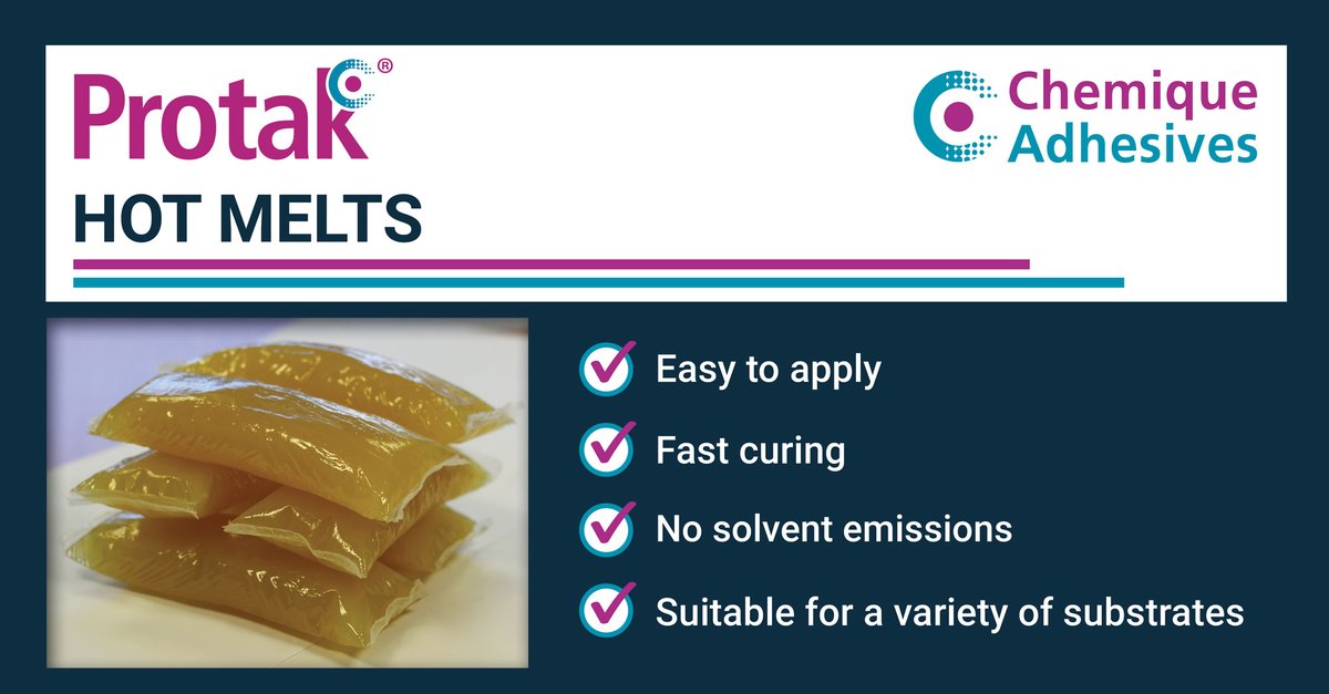Chemiqueuk's tweet image. Our Protak range includes a selection of high-performance hot melt adhesives suitable for many applications including:
 
 🔹Edgebanding
 🔹Mattress manufacturing
 🔹Foam bonding
 🔹Product assembly
 🔹Packaging
 🔹Profile wrapping
 
👉bit.ly/4du1ZpN

#adhesives #hotmelts