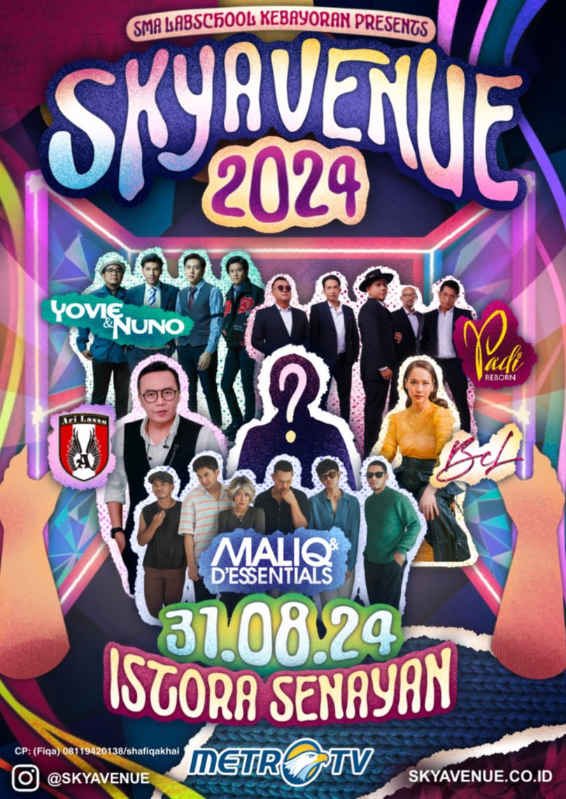 SMA LABSCHOOL KEBAYORAN PROUDLY PRESENTS. . . 🥁

The 19th Annual 🫧 SKYAVENUE 2024 🫧
With the theme 🌬️✨ “Whisparia of the Phantasmaghoric Haven” ✨🌬️
📍Istora Senayan, 31st of August 2024

With our spectacular guest stars :
🎤 Ari Lasso
💃 BCL
🕺 Padi Reborn
🪩 Maliq &amp;