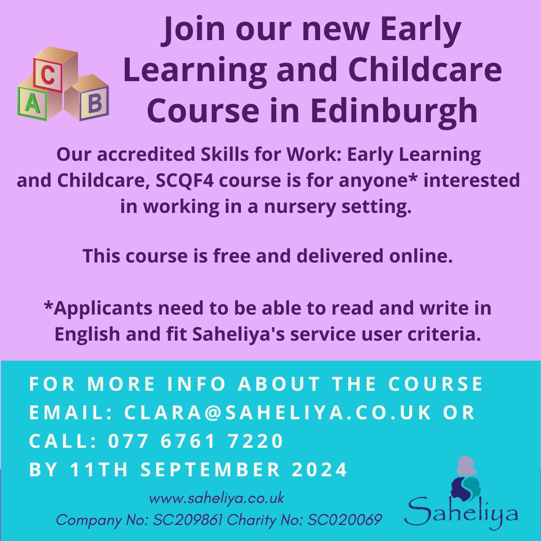 Saheliya's tweet photo. Are you interested in becoming a childcare worker?
Join our next Early Learning and Childcare Course in #Edinburgh!
This course is free and delivered online.

For more information contact us by 11th September 2024: 
Clara@saheliya.co.uk or call 077 6761 7220 https://t.co/KaCsfwZe4D