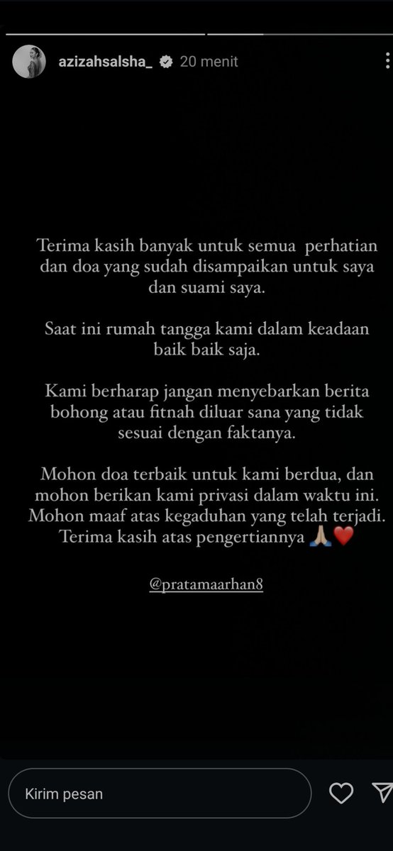 bbrpa menit lalu azizah speak up. wah kalo ternyata beneran cuma fitnah, kalian jahat bgt sih guysss. doain yg terbaik ajalah buat mereka drpd spread rumor yg masih katanya katanya itu