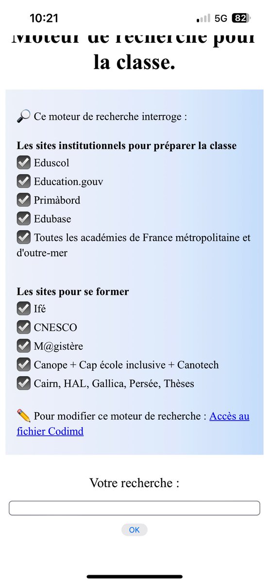 Myrtille Gardet @myrtille.gardet.bsky.social (@myrtillegardet) on Twitter photo 📍un moteur de #recherche qui interroge Eduscol, Canope, l’Ifé, le CNESCO, Primàbord, Edubase et toutes les académies de France afin de trouver des #ressources institutionnelles, c’est ici 🙌
🛠 Outil libre et gratuit créé par <a href="/Cedric_Eyssette/">Cédric Eyssette</a>
cse.forge.apps.education.fr/#https://codim… 📍un moteur de #recherche qui interroge Eduscol, Canope, l’Ifé, le CNESCO, Primàbord, Edubase et toutes les académies de France afin de trouver des #ressources institutionnelles, c’est ici 🙌
🛠 Outil libre et gratuit créé par <a href="/Cedric_Eyssette/">Cédric Eyssette</a>
cse.forge.apps.education.fr/#https://codim…