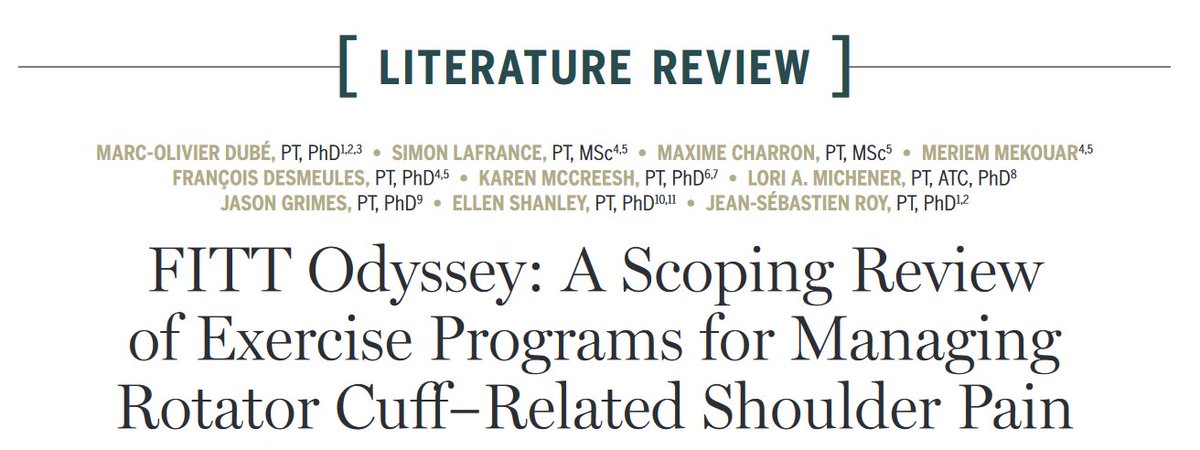 "There is considerable variability in FITT parameters used when prescribing exercise therapy for #RotatorCuff related #ShoulderPain"

Authors highlight this does allow for exercises tailored to the individual

Read the #ScopingReview ➡️ow.ly/9Vm150SUj8X

#yourJOSPT