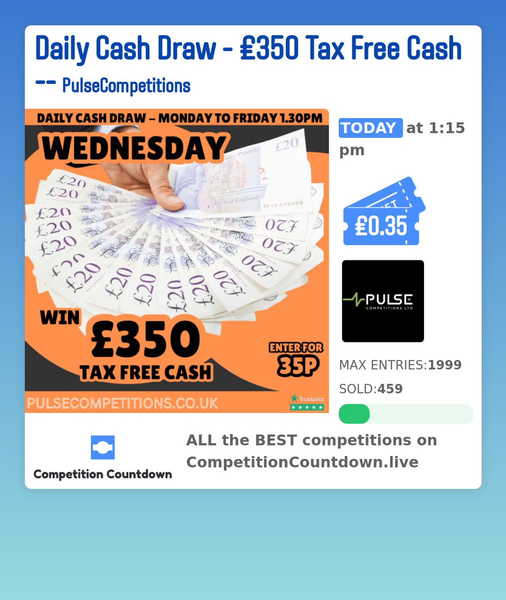 CompetitionCou1's tweet photo. Check out this competition on https://t.co/qW8XujUG8M ! 
Daily Cash Draw - £350 Tax Free Cash
 Competition Countdown does not run any competitions, we just show you all the best one is one place! 🔥🔥 WOW 👀 
 
 #free #winmoney #cash #competitioncountdown #competition_cou... https://t.co/CU1OqfWSGI
