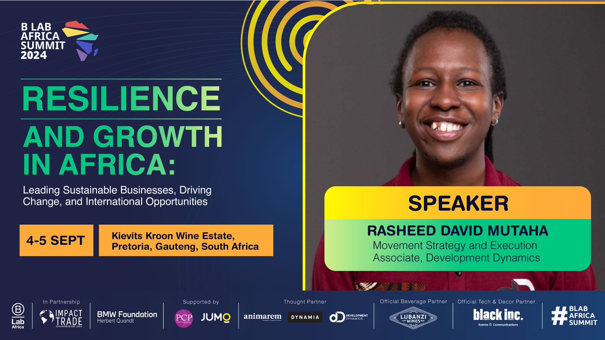 blabafrica's tweet photo. 📢We are thrilled to introduce Rasheed David Mutaha, Movement Strategy and Execution Associate at  Development Dynamics, as a speaker  at the B Lab Africa 2024 summit.

Rasheed Mutaha is a passionate advocate for youth empowerment and social change with extensive experience in designing and leading campaigns that drive impact. He has spearheaded numerous grassroots initiatives, regional movements, and campaigns across Africa, focusing on adolescent health, youth leadership, and active citizenry. 

Rasheed works collaboratively with purpose-focused movements, coalitions and collectives to develop and implement strategies that foster and drive social change. His expertise lies in understanding target audiences, crafting compelling messages, and developing strategies that build strong networks and fuel participation.

Explore the Summit agenda here: https://t.co/LZm5VDDzBT 

Secure your ticket at https://t.co/gYhZyGliw3 and get a chance to meet Rasheed who will share his expertise and insights  alongside other amazing speakers at the B Lab Africa Summit. 

To explore customized partnership opportunities, or for more information, please contact: summit@b-labafrica.net

#BLabAfricasummit2024 #thoughtleadership #speakerannouncement #networking #sustainability #sustainabilityafrica #Socialchange