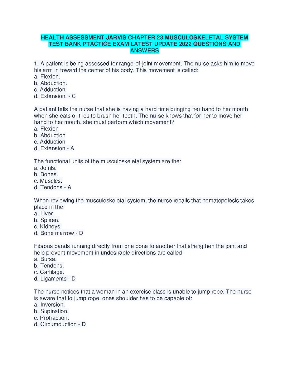 Inovators007's tweet image. hackedexams.com/item/10069/tes…

TEST BANK For Health Assessment Jarvis Chapter 23 Musculoskeletal System

#TestBank #healthassessment #musculoskeletalsystem #Jarvis #hackedexams
