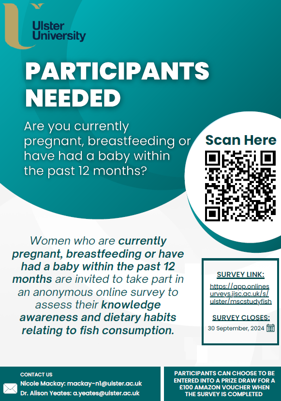 NICHE (@niche_ulster) on Twitter photo If you are #pregnant, #breastfeeding or have recently had a baby, we want to find out how much you know about #dietaryguidelines for #fish! ๐๐คฑ๐คฐ
To complete an online survey/find out moreโก๏ธ app.onlinesurveys.jisc.ac.uk/s/ulster/mscstโฆ
Contact MSc Researcher Nicole Mackay: mackay-n1@ulster.ac.uk If you are #pregnant, #breastfeeding or have recently had a baby, we want to find out how much you know about #dietaryguidelines for #fish! ๐๐คฑ๐คฐ
To complete an online survey/find out moreโก๏ธ app.onlinesurveys.jisc.ac.uk/s/ulster/mscstโฆ
Contact MSc Researcher Nicole Mackay: mackay-n1@ulster.ac.uk