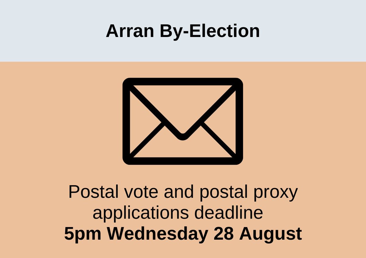 North_Ayrshire's tweet photo. If you wish to vote by post in the Arran By-Election you must submit an application by 5pm today (28 August). For more info visit: https://t.co/s6K4iMpnMV https://t.co/KXOnxufY6N