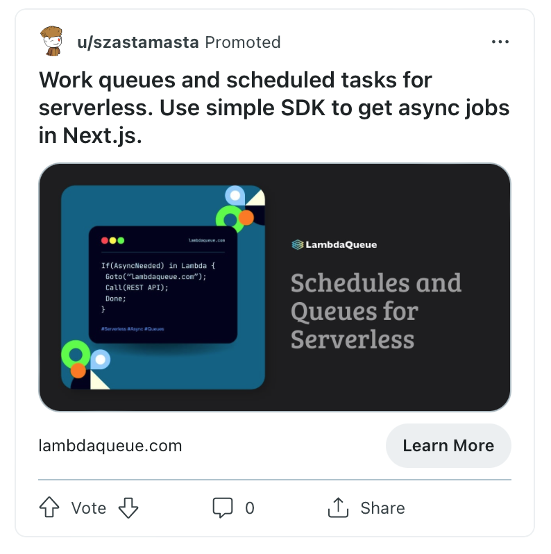 marekpiechut's tweet photo. So Reddit rejected my ad as "deceptive or untruthful". Any idea what's deceptive about it? It's a scheduled tasks/queues service, with simple SDK for Next.js and others. I have no idea what's deceptive about it 🤷‍♂️
#buildinpublic #startup